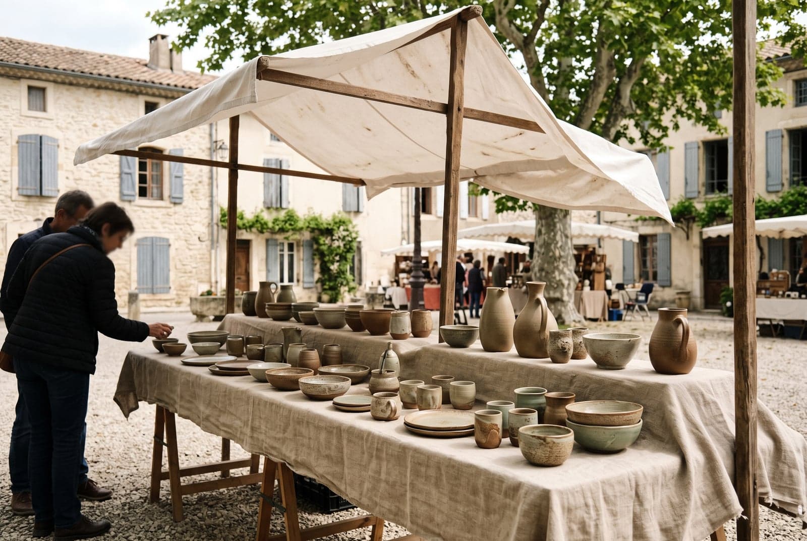 Étal de potier sous un auvent de toile blanche sur une place de village française