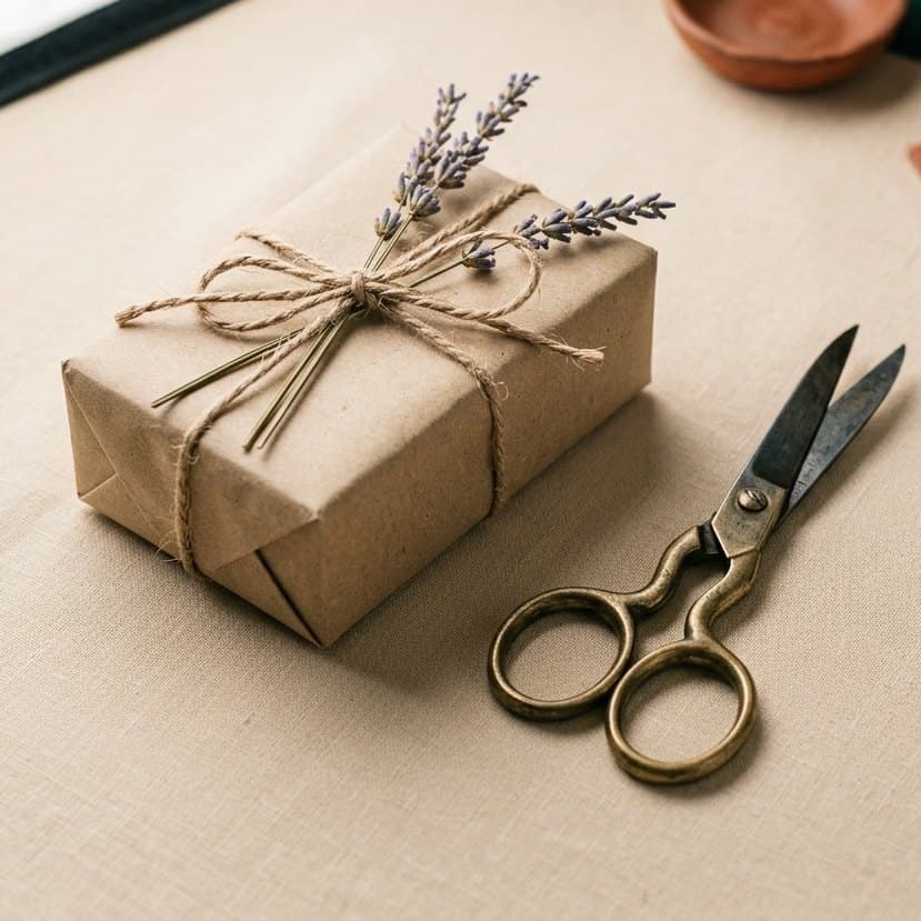 Petit paquet de papier kraft ficelé et ciseaux de laiton