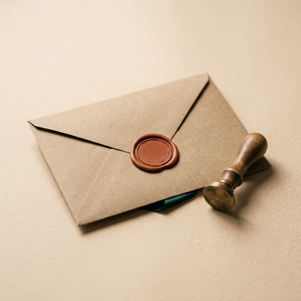 Enveloppe kraft fermée d'un cachet de cire terre cuite