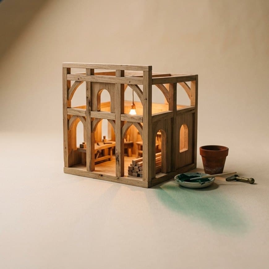 Maquette de bois d'un atelier, éclairée de l'intérieur