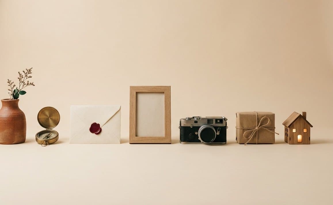 Objets d'atelier alignés sur un établi : vase, boussole, enveloppe cachetée, cadre, appareil photo, paquet ficelé et maquette de bois