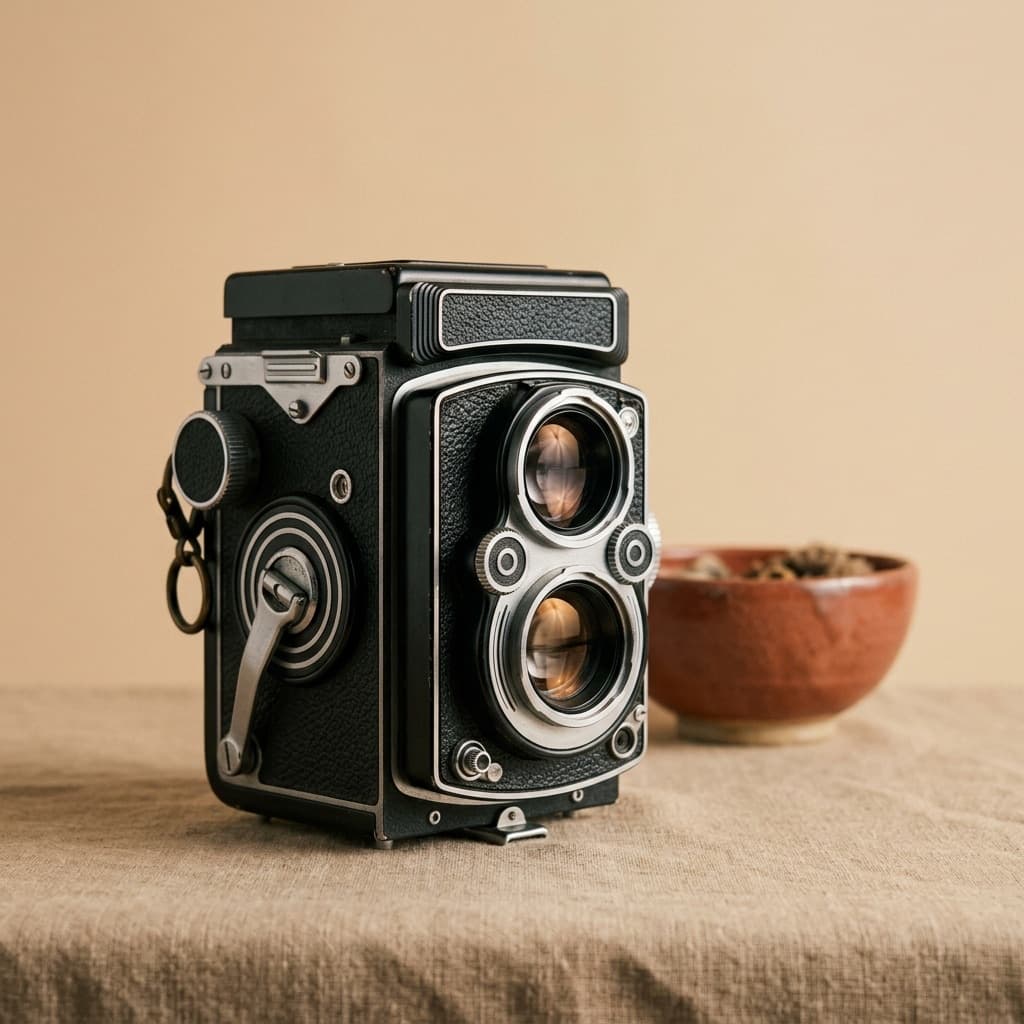 Appareil photo argentique bi-objectif sur fond beige