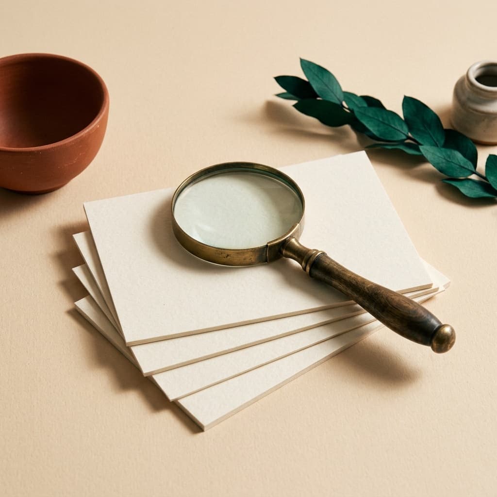Fiches de papier et loupe de laiton posées sur un fond beige